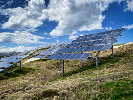 Solar Panel European Alps, high altitude landscape with alternative energy