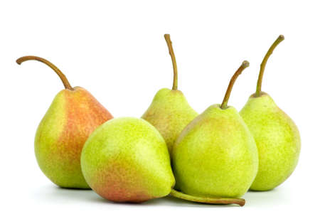 Five green pears isolated on the white backgroundの写真素材