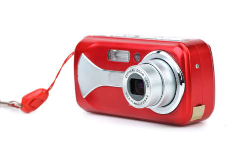 Red compact digital photocamera isolated on the white backgroundの写真素材