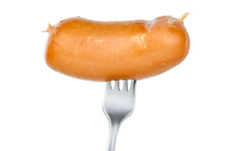 Sausage on fork isolated on the white backgroundの写真素材