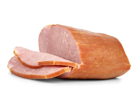 Sliced piece of ham isolated on the white backgroundの写真素材