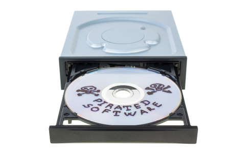 Optical disk drive with disk, containing pirated software  isolated on the white background