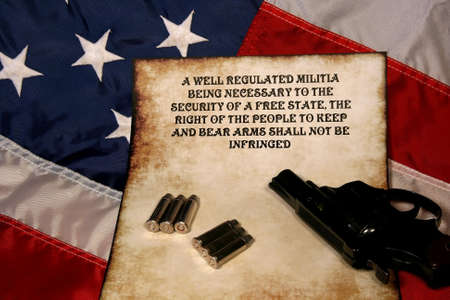 pistol,ammo,and 2nd ammendment on American flagの写真素材