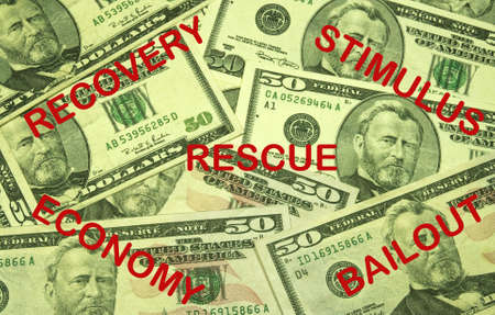 currency background with recovery,stimulus,rescue,economy,and bailout imprinted