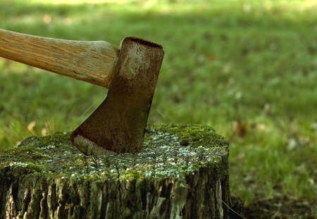 old rusty axe embedded in a tree stumpの写真素材