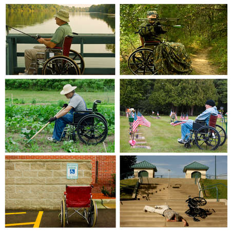 collage of handicapped man in his wheelchairの写真素材