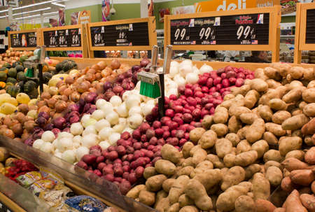 RIVER FALLS,WISCONSIN-FEBRUARY 03,2014: Produce section of a modern American supermarket. のeditorial素材