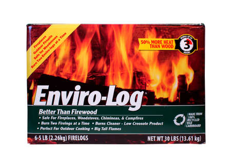 RIVER FALLS,WISCONSIN-MAY 15, 2014: A box of Enviro-Log wax and cardboard fire logs. This is a product of Enviro-Log Inc. of Fitzgerald,Georgia.のeditorial素材