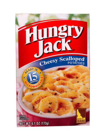 RIVER FALLS,WISCONSIN-JULY 27,2014: A box of Hungry Jack Cheesy Scalloped Potatoes. Hungry Jack is a product of Basic American Foods of Walnut Creek,California.のeditorial素材