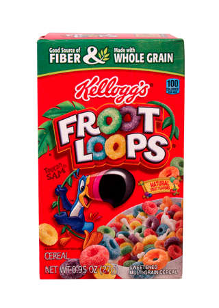 RIVER FALLS,WISCONSIN-SEPTEMBER 02,2014: A box of Kellogg's Froot Loops. Kellogg's is an American...