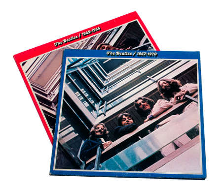 RIVER FALLS,WISCONSIN-JANUARY 15,2015: Two vintage Beatles albums covering Nineteen Sixty Two to Nineteen Seventy. The Beatles recorder their first album in Nineteen Sixty Two.のeditorial素材