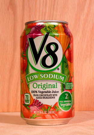 RIVER FALLS,WISCONSIN-FEBRUARY 10,2015: A can of V8 vegetable juice. V8 contains two full servings...