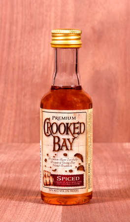 RIVER FALLS,WISCONSIN-FEBRUARY 21,2015: A sample bottle of Crooked Bay Spiced Rum. Crooked Bay Rum Company is located in Princeton,Minnesota.のeditorial素材