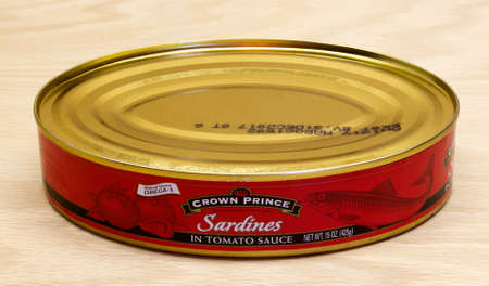 RIVER FALLS,WISCONSIN-MARCH 10,2015: A can of Crown Prince sardines in tomato sauce. Sardines are a...