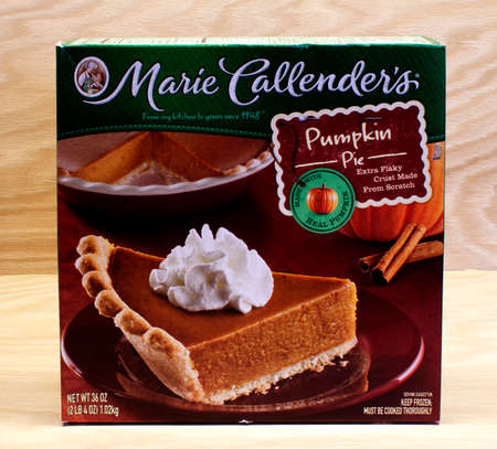 RIVER FALLS,WISCONSIN-MARCH 12,2015: A Marie Callender's frozen pumpkin pie. Marie Callender's is headquartered in Mission Viejo,California.のeditorial素材