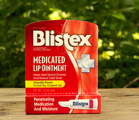 RIVER FALLS,WISCONSIN-JULY 27,2015: A box of Blistex brand medicated lip ointment. This product is used to help heal dry lips and cold sores.のeditorial素材