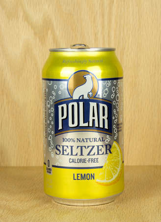 RIVER FALLS,WISCONSIN-NOVEMBER 01,2017: A can of Polar brand seltzer water with a wood background.のeditorial素材