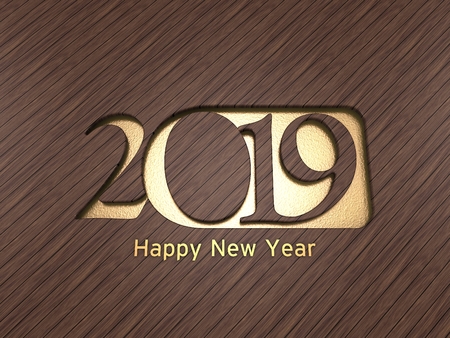 3D Illustration of 2019 Happy New Year Text in Cutout Wood over Hammered Gold Backgroundの写真素材