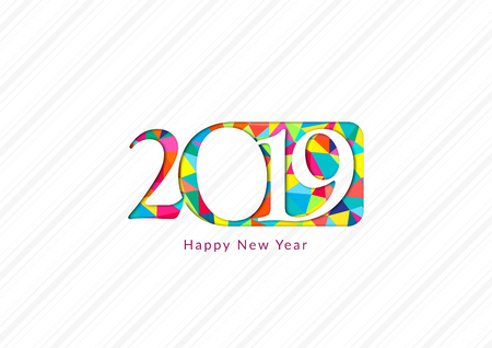 Illustration of 2019 Happy New Year Text as White Cutout Style over Abstract Colorful Triangle Backgroundの写真素材