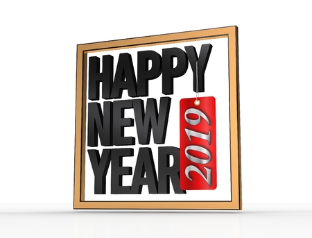 3D Illustration of Happy New Year 2019 Text Framed Styleの写真素材