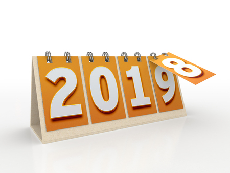 3D Illustration of 2019 Text for New Year in calendar Style with 8 of 2018 being flipped to reveal 2019の写真素材
