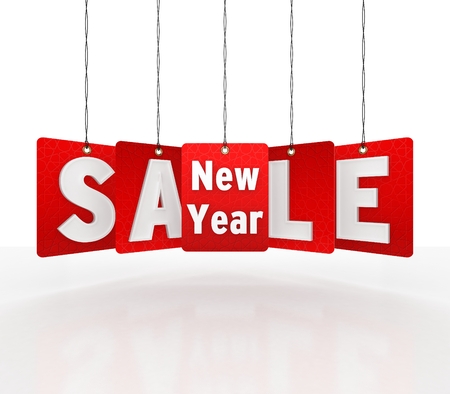 3D Illustration of New Year Sale as Red Hang Tags.の写真素材