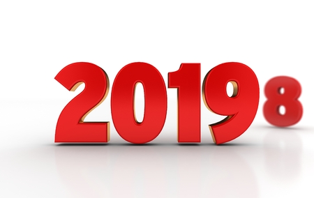 3D Illustration of 2019 Text in perspective with the 8 of 2018 visible in backgroundの写真素材