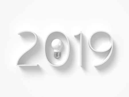 3D Illustration of 2019 Text in white with bulb illustration inside zero for Happy New Year conceptの写真素材