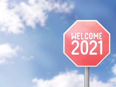 Welcome 2021 Road sign on blue sky backgroundの写真素材