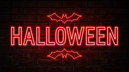 Halloween - red neon light word on brick wall backgroundの写真素材