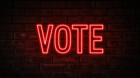 Vote - red neon light word on brick wall backgroundの写真素材