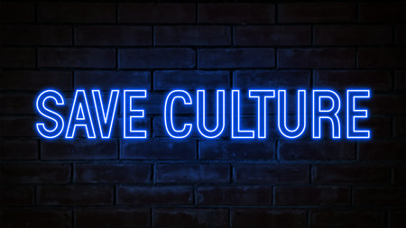 Save culture - blue neon light word on brick wall backgroundの写真素材
