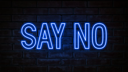 Say no - blue neon light word on brick wall backgroundの写真素材