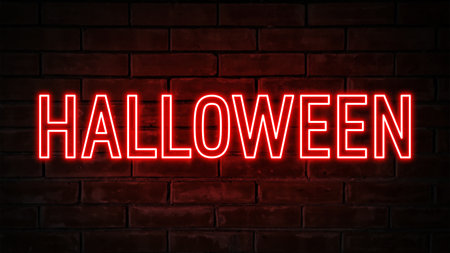 Halloween - red neon light word on brick wall backgroundの写真素材
