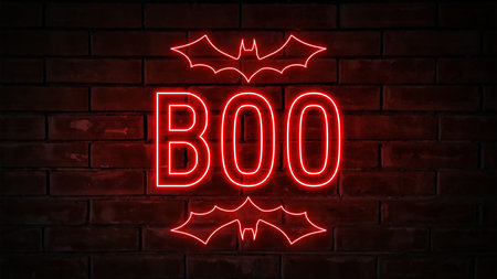 Boo - red neon light word on brick wall backgroundの写真素材