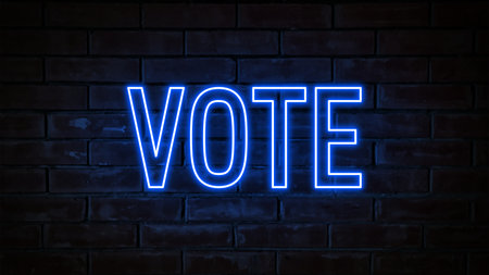 Vote - blue neon light word on brick wall backgroundの写真素材