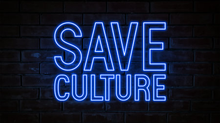 Save culture - blue neon light word on brick wall backgroundの写真素材