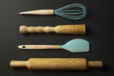 Kitchen items on black backgroundの写真素材