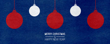 Christmas balls on blue paper background. Merry Christmas and a Happy New Year concepr bannerの写真素材