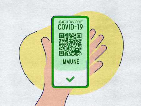 Hand holding smartphone with Health Passport COVID-19 âimmuneâの写真素材