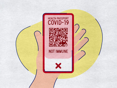 Hand holding smartphone with Health Passport COVID-19 âNot immuneâの写真素材