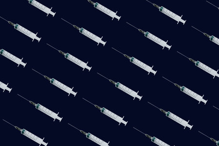 Seamless pattern with medical syringe and needle on dark backgroundの写真素材