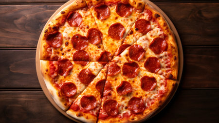 Pepperoni pizza on wooden table. top view. Created with Generative AI toolsの素材