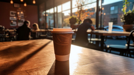 Coffee cup on wooden table in coffee shop. Blurred background. Created with Generative AI toolsの素材