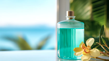 Bottle of perfume on table against blurred tropical background. Created with Generative AI toolsの素材
