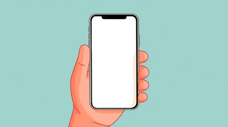 Hand holding smartphone with white screen on blue background. vector illustration.の素材