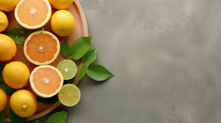 Fresh citrus fruits on gray table, top view. Space for textの素材