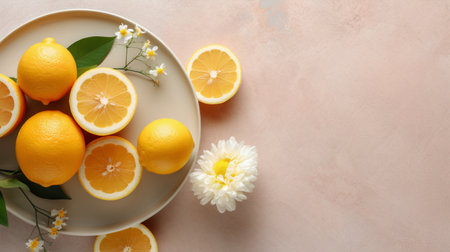 Composition with fresh lemons and flowers on color background, top viewの素材