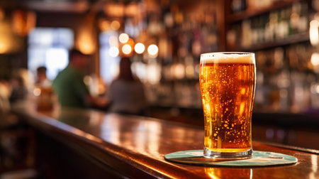 Glass of beer on a bar counter in a pub or restaurant.の素材
