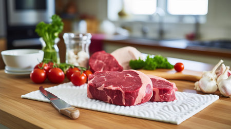 Raw meat on cutting board with vegetables and knife on table in kitchenの素材